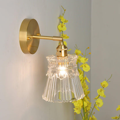 Wall Lamp Vintage with Ribbed Glass Shade and Brass Arm