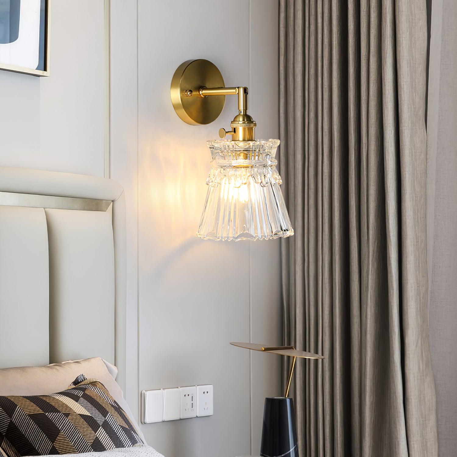 Wall Lamp Vintage with Ribbed Glass Shade and Brass Arm