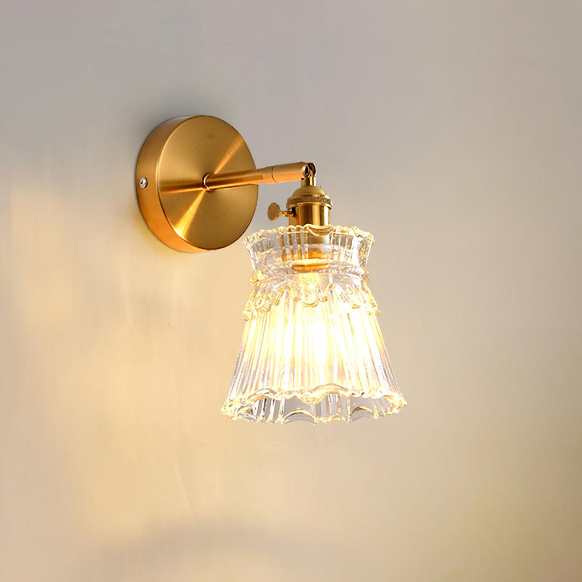 Wall Lamp Vintage with Ribbed Glass Shade and Brass Arm