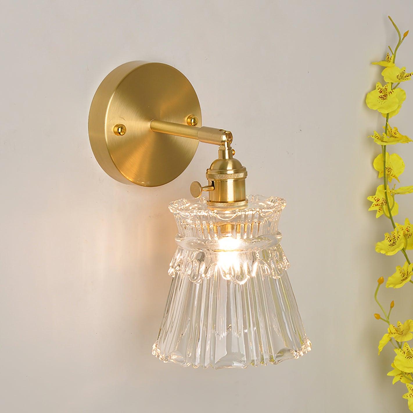 Wall Lamp Vintage with Ribbed Glass Shade and Brass Arm