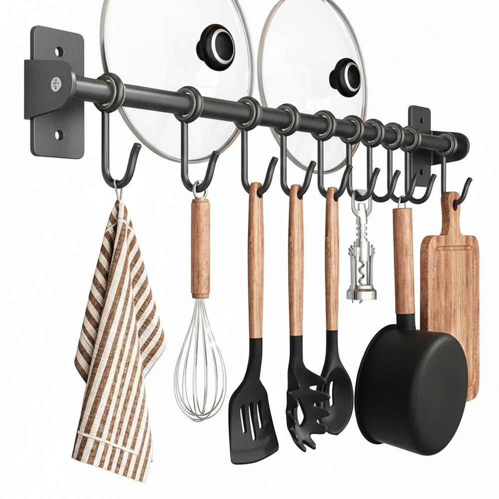 Wall-Mounted Kitchen Utensil Rack with Sliding S-Hooks and Lid Storage
