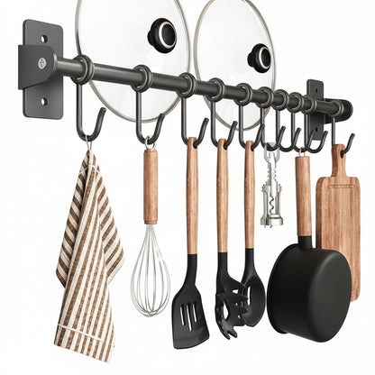 Wall-Mounted Kitchen Utensil Rack with Sliding S-Hooks and Lid Storage