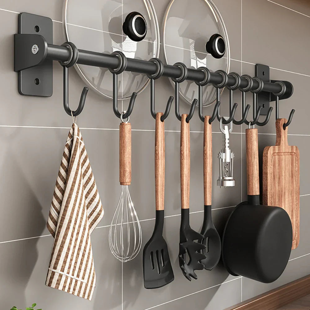 Wall-Mounted Kitchen Utensil Rack with Sliding S-Hooks and Lid Storage