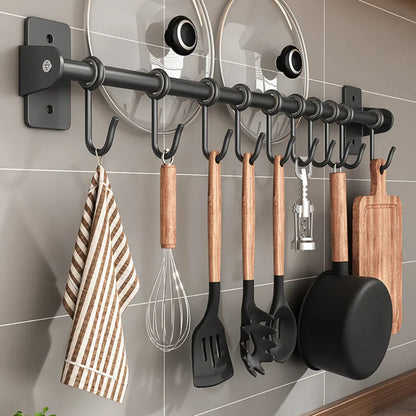 Wall-Mounted Kitchen Utensil Rack with Sliding S-Hooks and Lid Storage