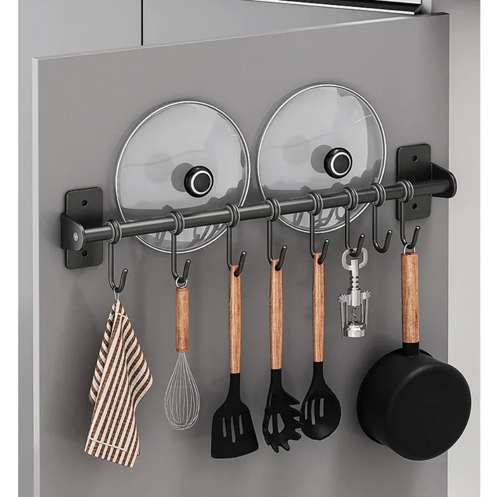 Wall-Mounted Kitchen Utensil Rack with Sliding S-Hooks and Lid Storage