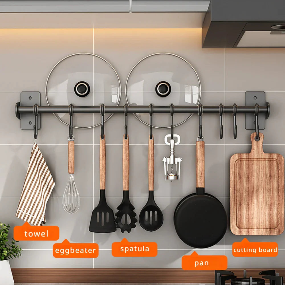 Wall-Mounted Kitchen Utensil Rack with Sliding S-Hooks and Lid Storage