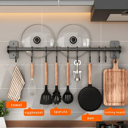 Wall-Mounted Kitchen Utensil Rack with Sliding S-Hooks and Lid Storage