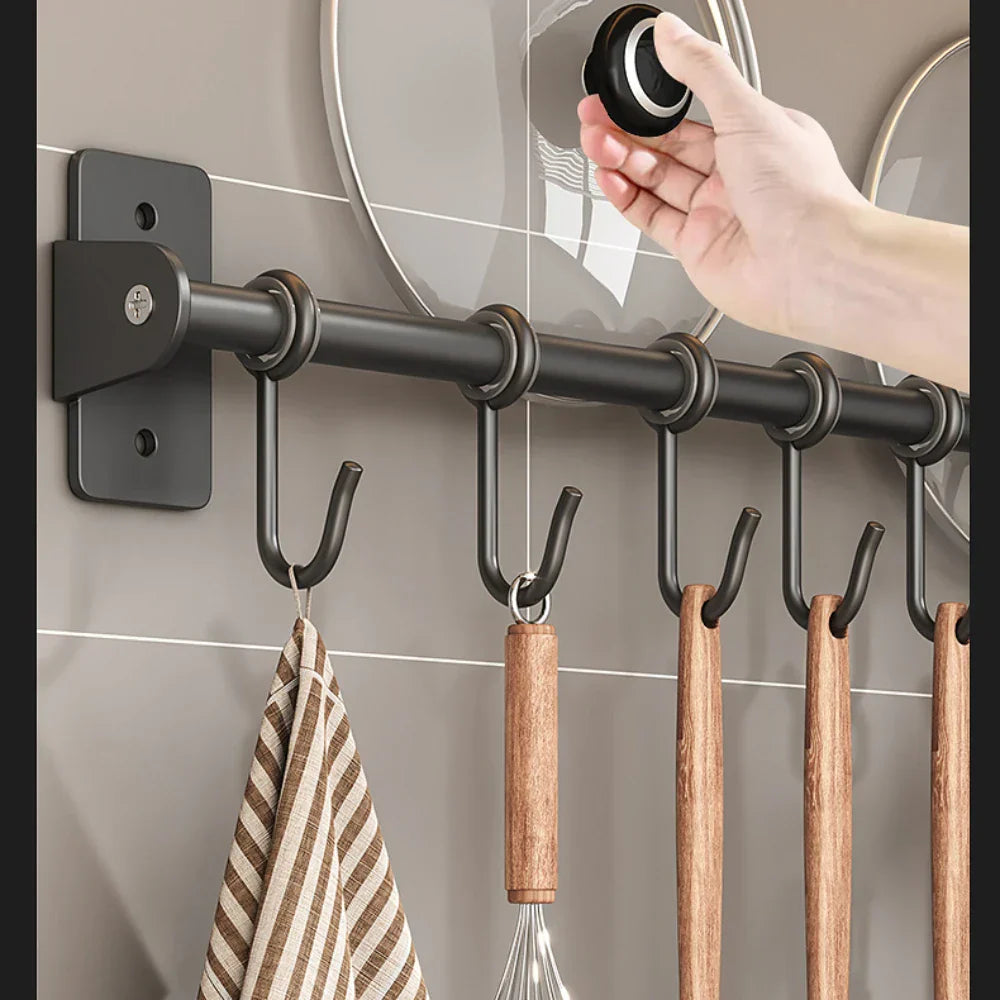 Wall-Mounted Kitchen Utensil Rack with Sliding S-Hooks and Lid Storage