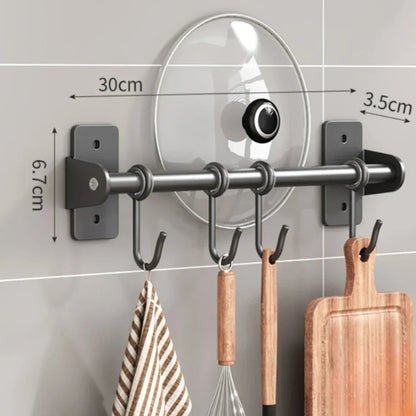 Wall-Mounted Kitchen Utensil Rack with Sliding S-Hooks and Lid Storage