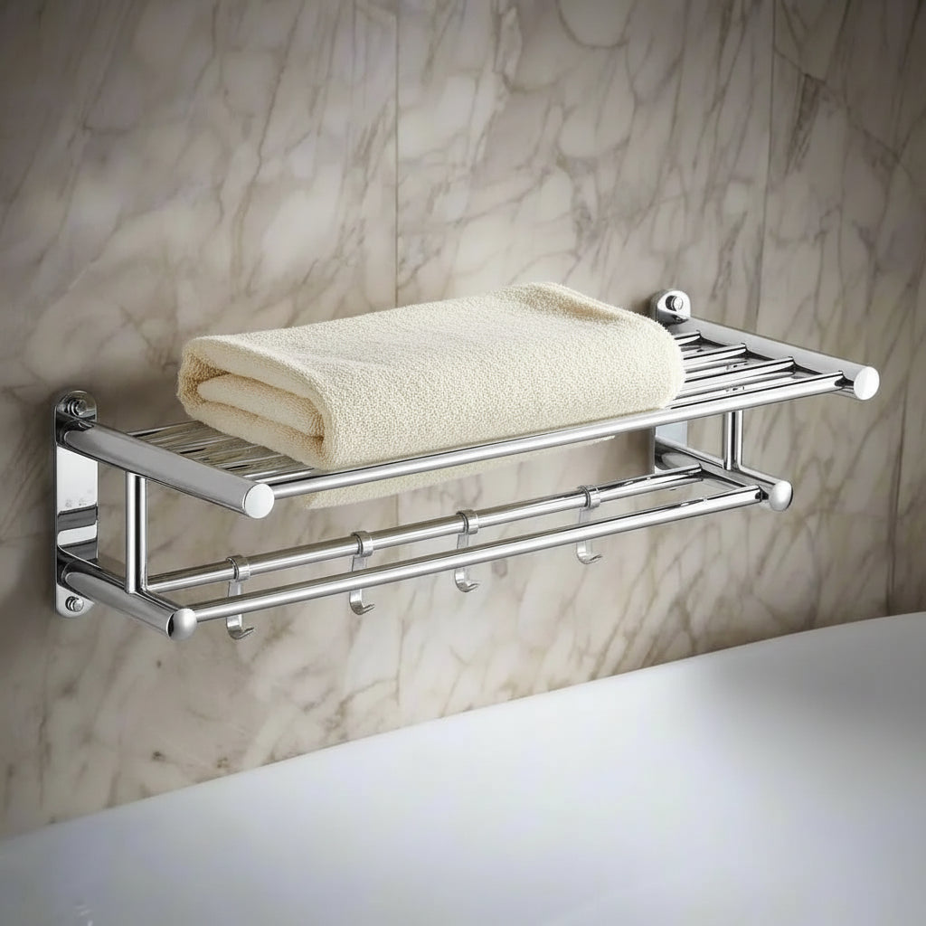 Wall-Mounted Towel Rack with Shelf and Hooks for Bathroom