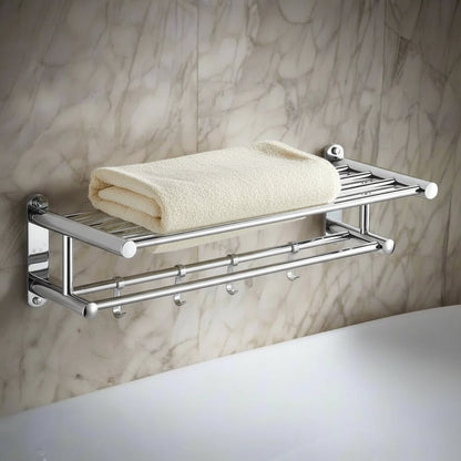 Wall-Mounted Towel Rack with Shelf and Hooks for Bathroom