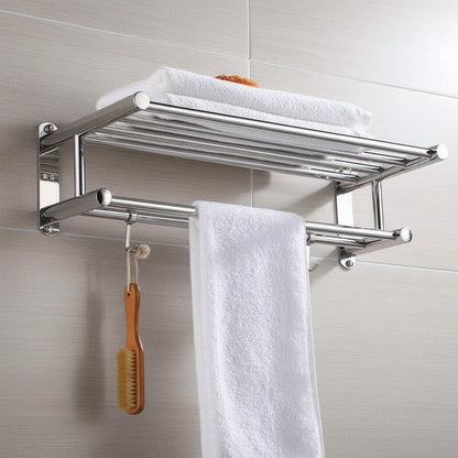 Wall-Mounted Towel Rack with Shelf and Hooks for Bathroom