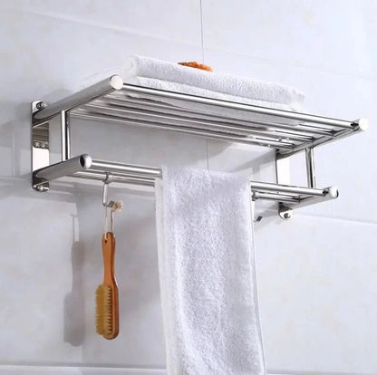 Wall-Mounted Towel Rack with Shelf and Hooks for Bathroom