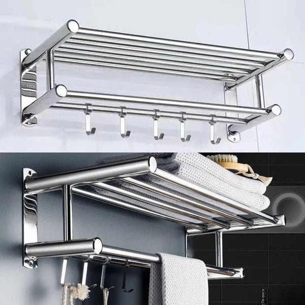 Wall-Mounted Towel Rack with Shelf and Hooks for Bathroom