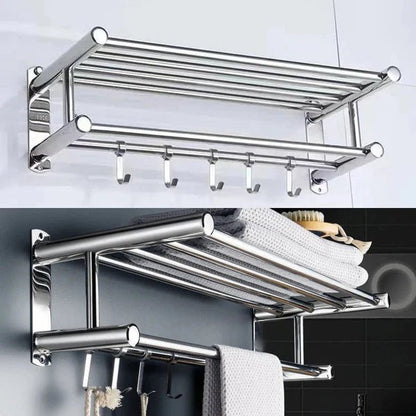 Wall-Mounted Towel Rack with Shelf and Hooks for Bathroom