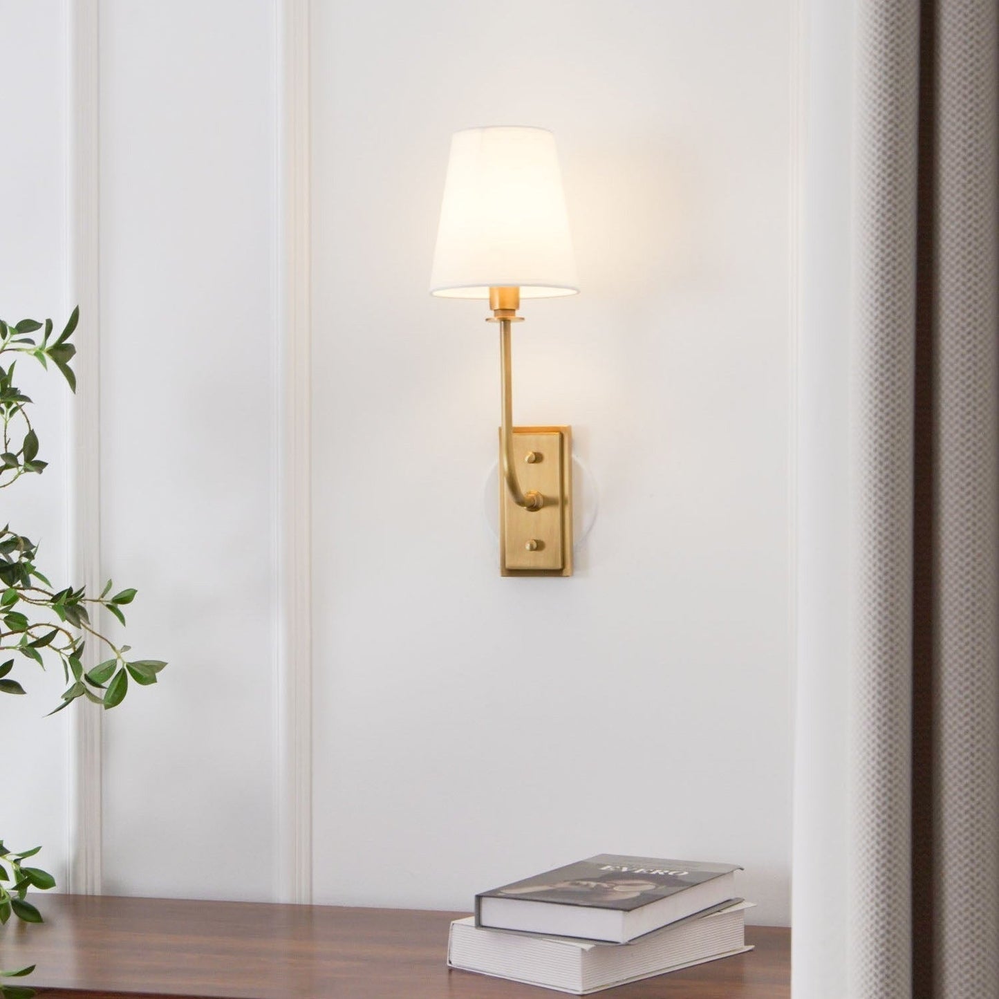 Wall Sconce Classic Art Deco with Fabric Shade and Curved Arm