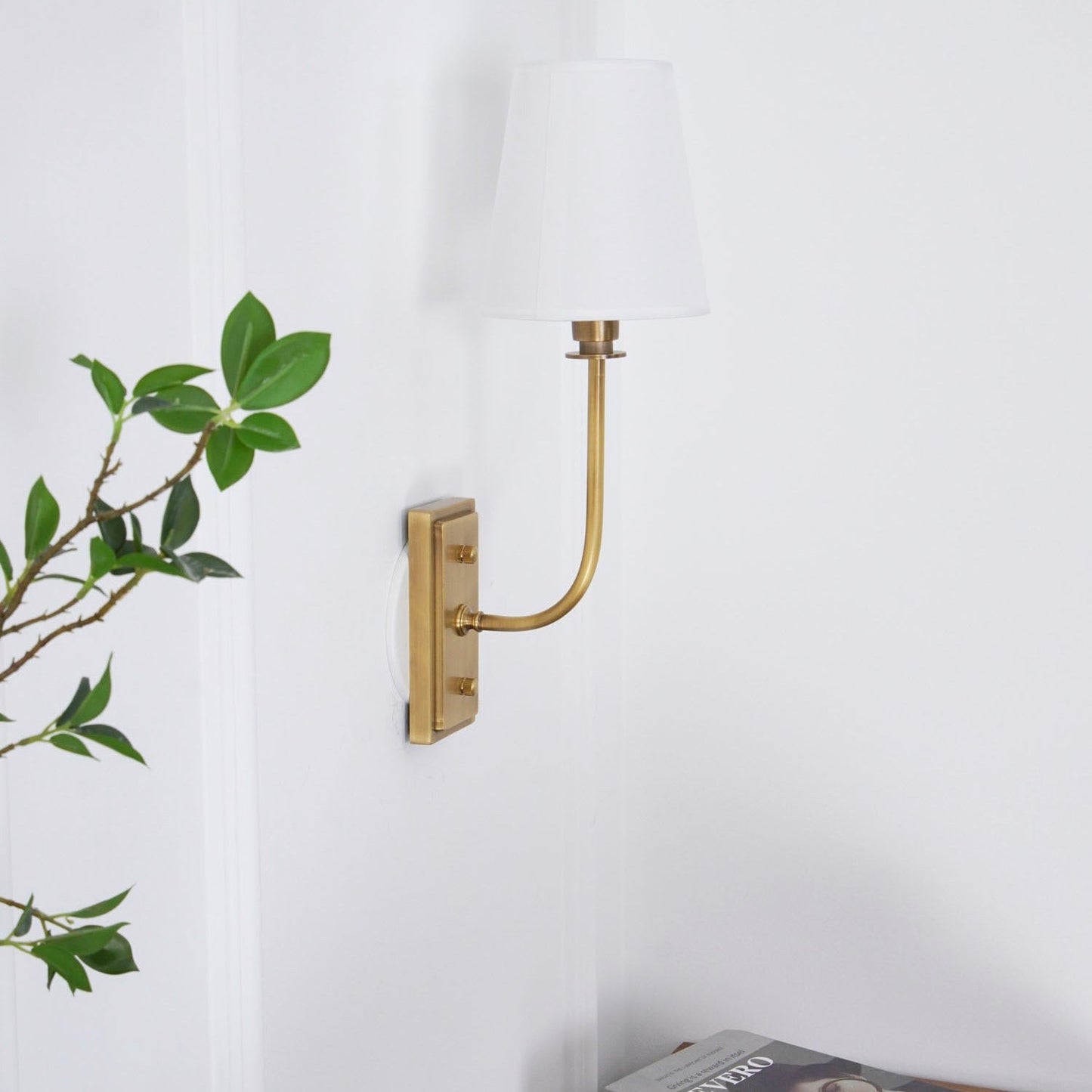 Wall Sconce Classic Art Deco with Fabric Shade and Curved Arm