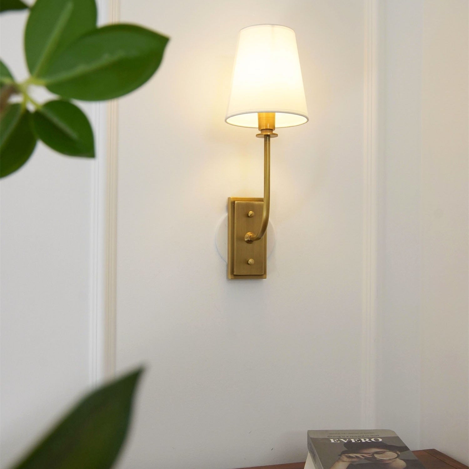 Wall Sconce Classic Art Deco with Fabric Shade and Curved Arm