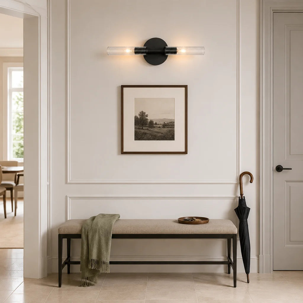 Wall Sconce Modern with Double Ribbed Glass Tube Shades and Round Backplate