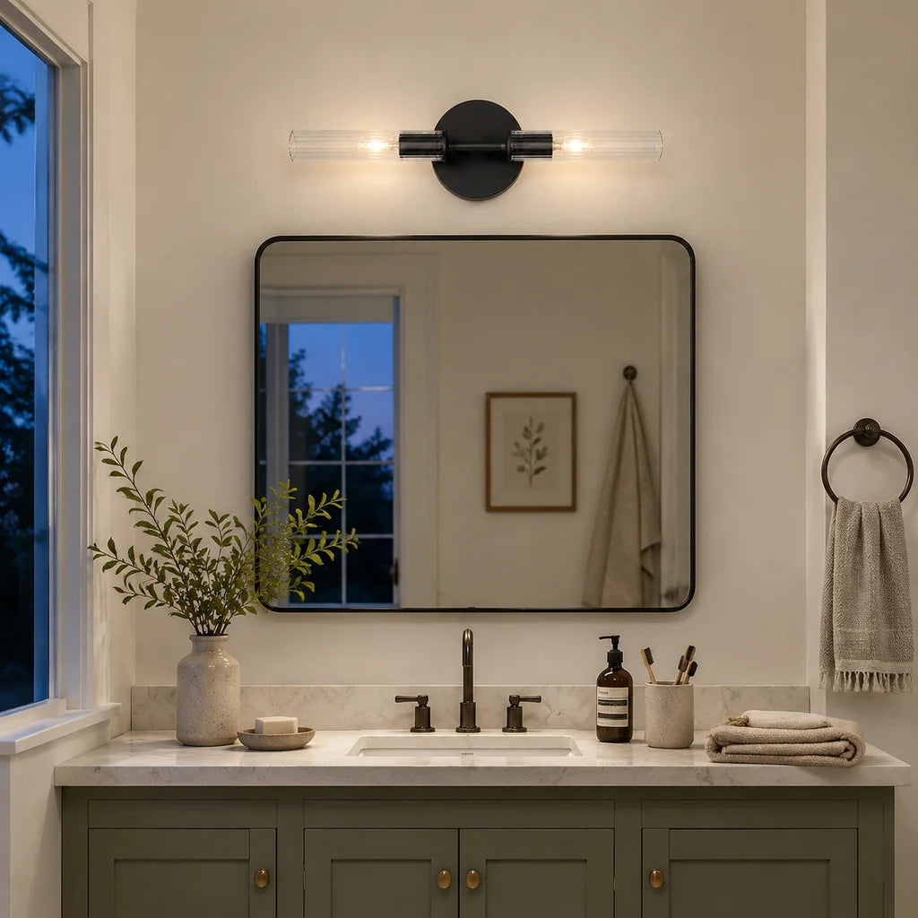 Wall Sconce Modern with Double Ribbed Glass Tube Shades and Round Backplate