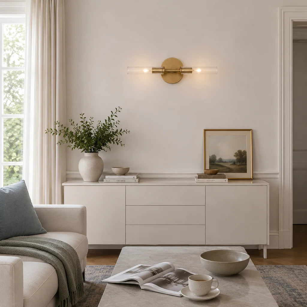 Wall Sconce Modern with Double Ribbed Glass Tube Shades and Round Backplate