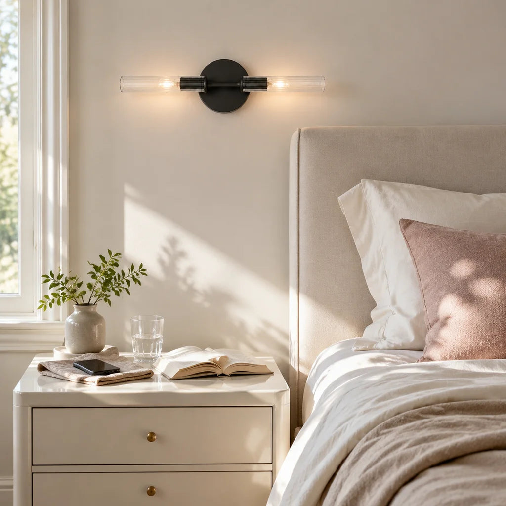 Wall Sconce Modern with Double Ribbed Glass Tube Shades and Round Backplate