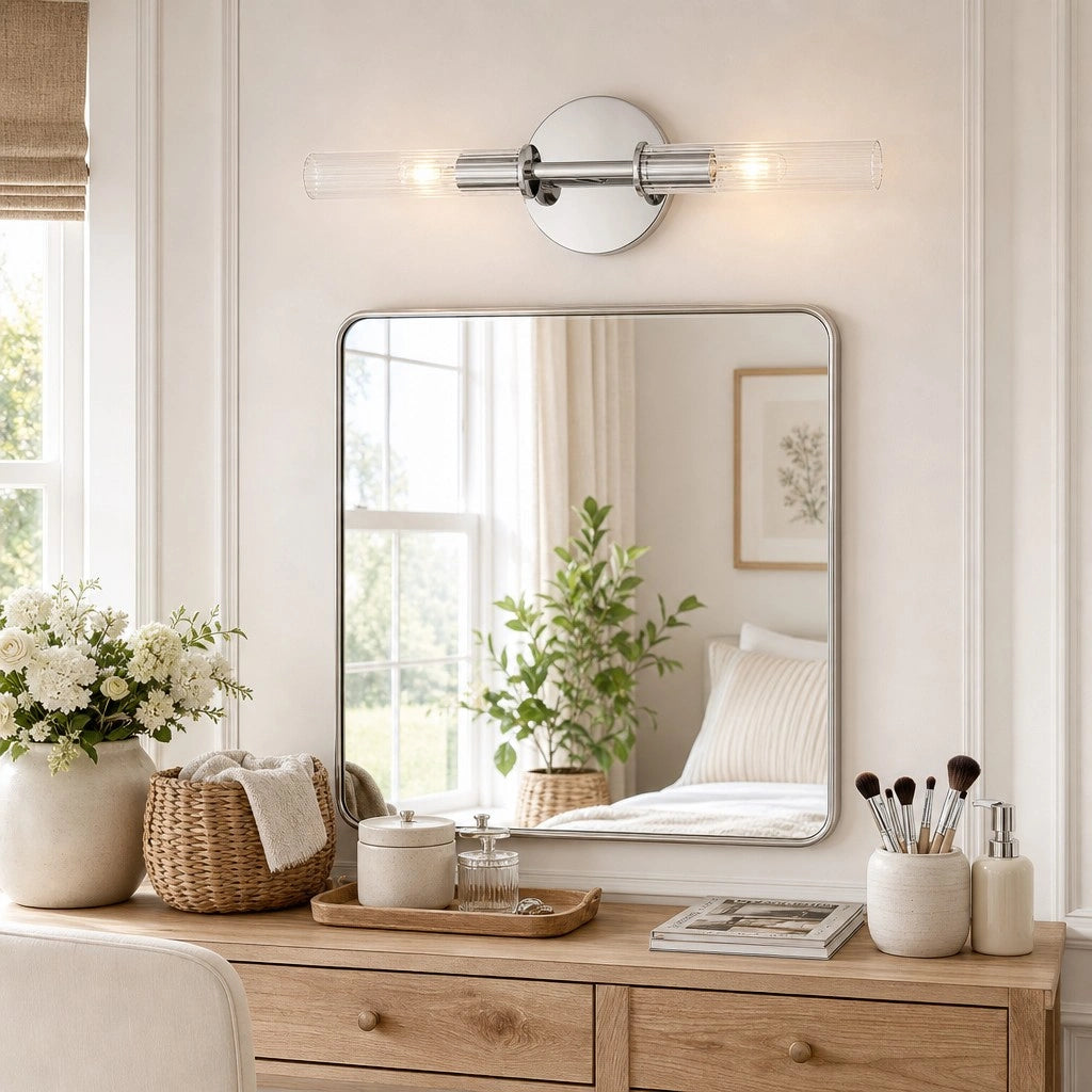 Wall Sconce Modern with Double Ribbed Glass Tube Shades and Round Backplate