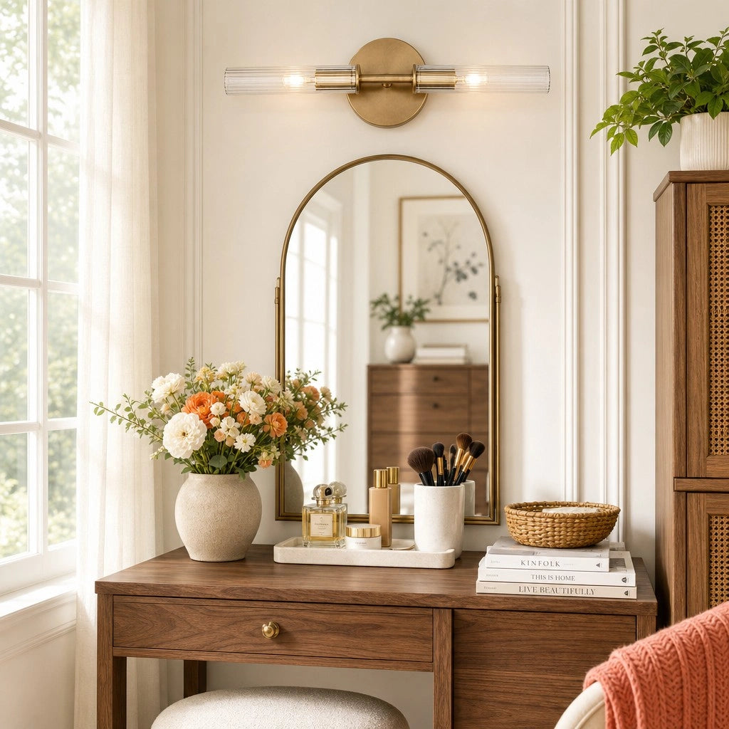 Wall Sconce Modern with Double Ribbed Glass Tube Shades and Round Backplate