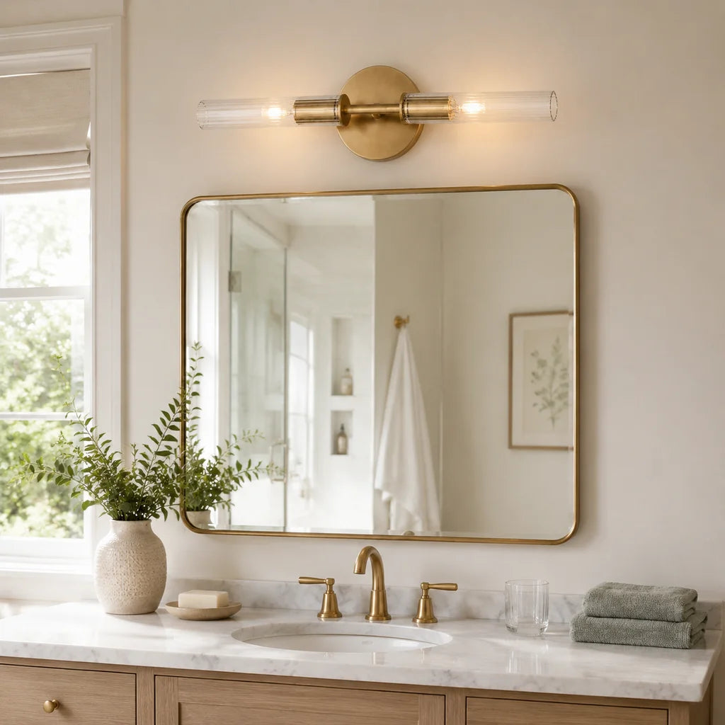 Wall Sconce Modern with Double Ribbed Glass Tube Shades and Round Backplate