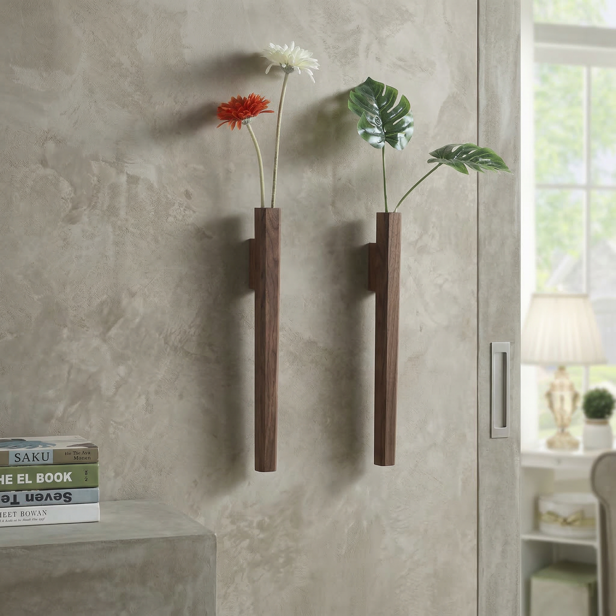 Wall Vase Minimalist Wood with Glass Tube and Wall Mount Hardware