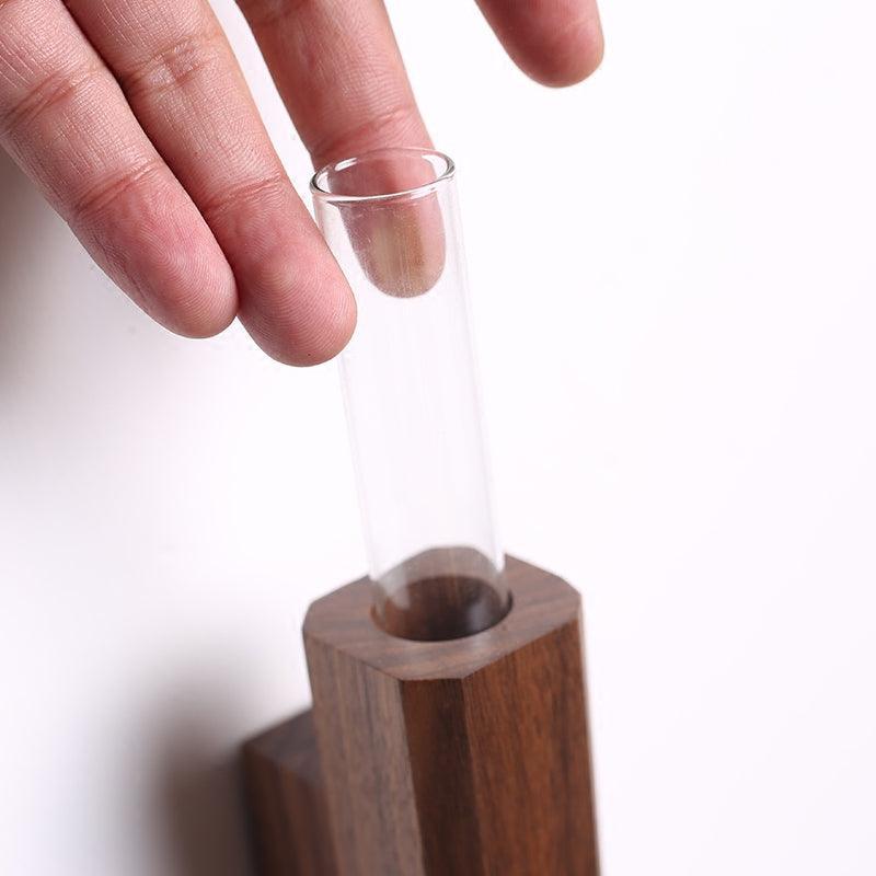 Wall Vase Minimalist Wood with Glass Tube and Wall Mount Hardware
