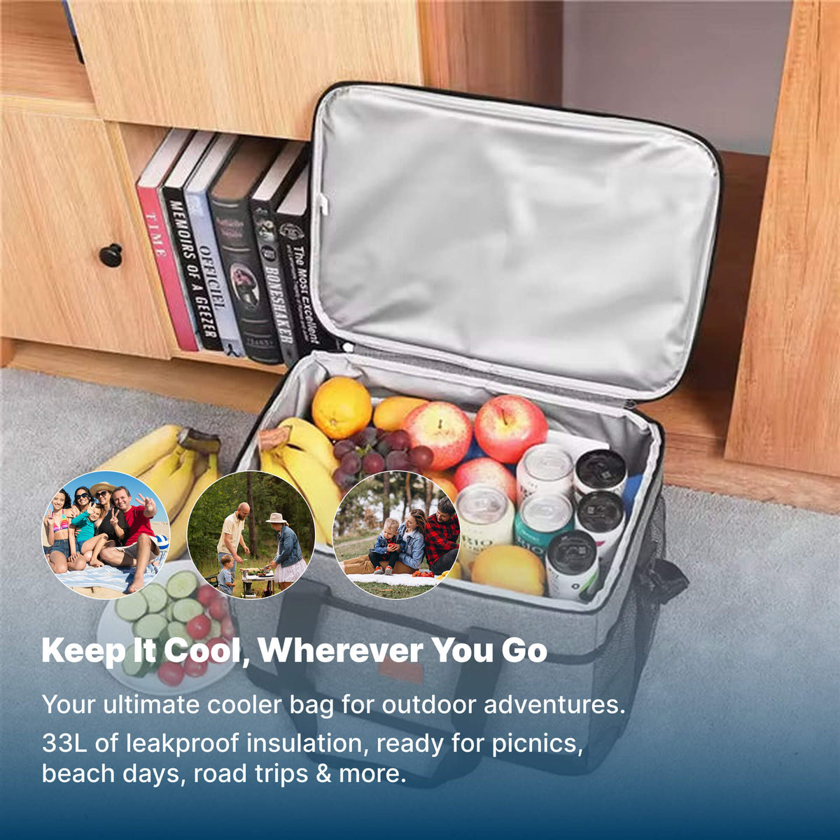 Waterproof Insulated Cooler Bag with Side Mesh Pockets and Shoulder Strap