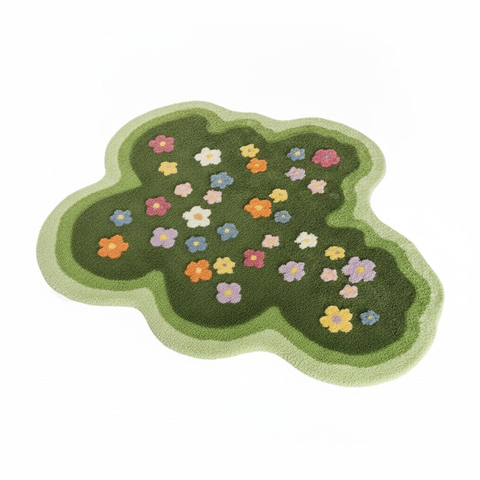 Wavy Floral Rug with Irregular Shape and Colorful Flower Pattern