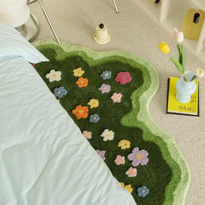 Wavy Floral Rug with Irregular Shape and Colorful Flower Pattern