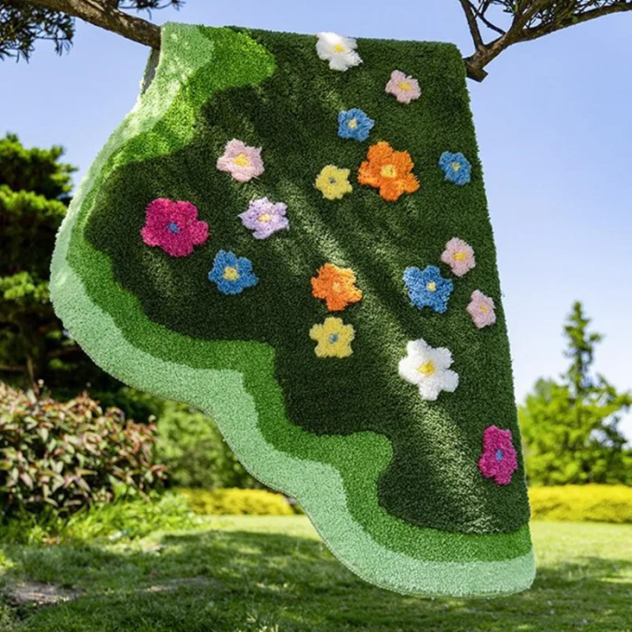 Wavy Floral Rug with Irregular Shape and Colorful Flower Pattern