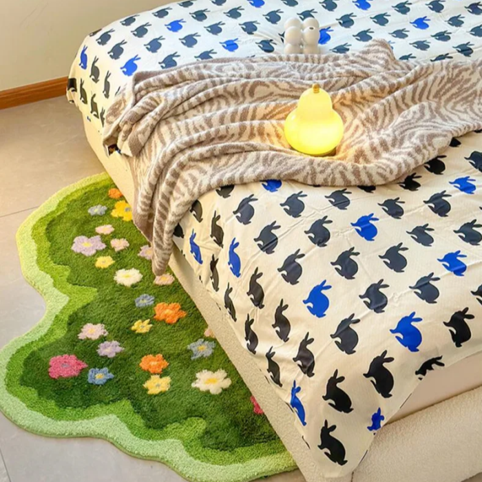Wavy Floral Rug with Irregular Shape and Colorful Flower Pattern