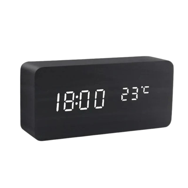 Wood Look LED Alarm Clock with Voice Activation and Temperature Display