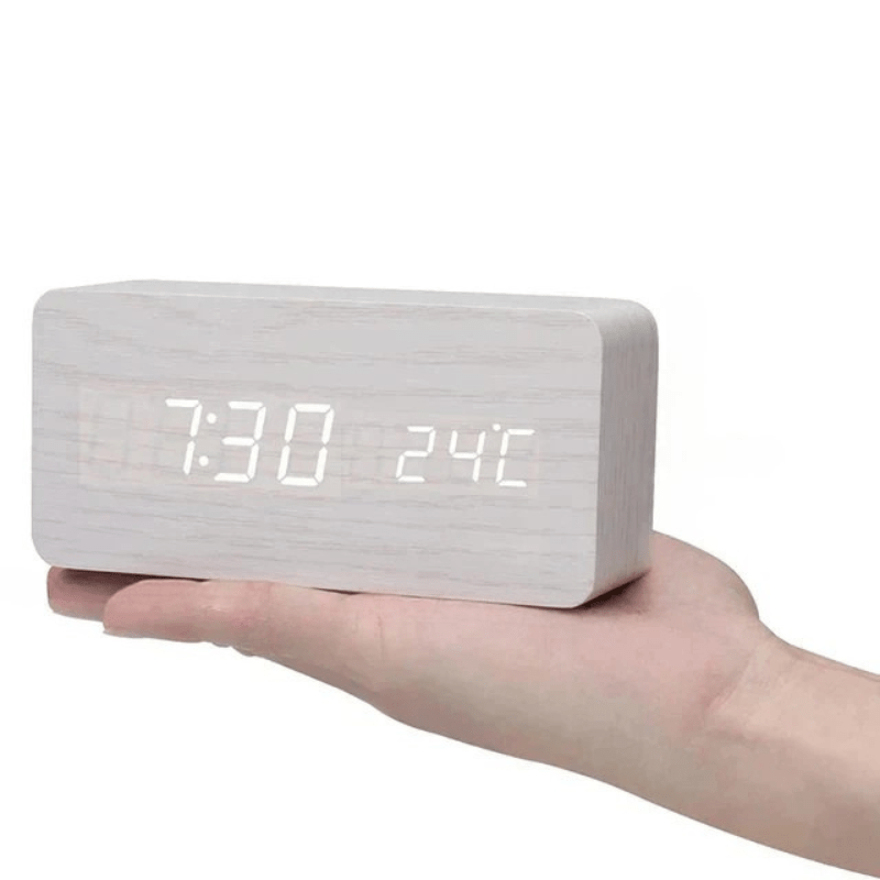 Wood Look LED Alarm Clock with Voice Activation and Temperature Display