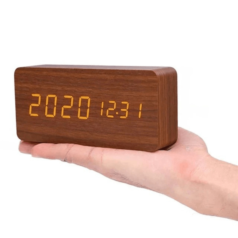 Wood Look LED Alarm Clock with Voice Activation and Temperature Display