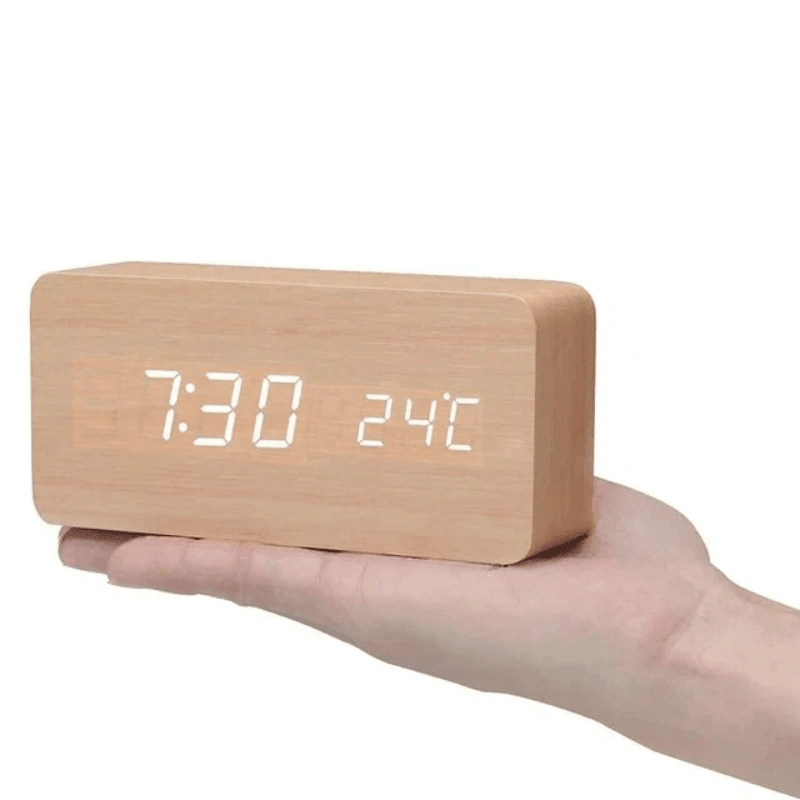 Wood Look LED Alarm Clock with Voice Activation and Temperature Display