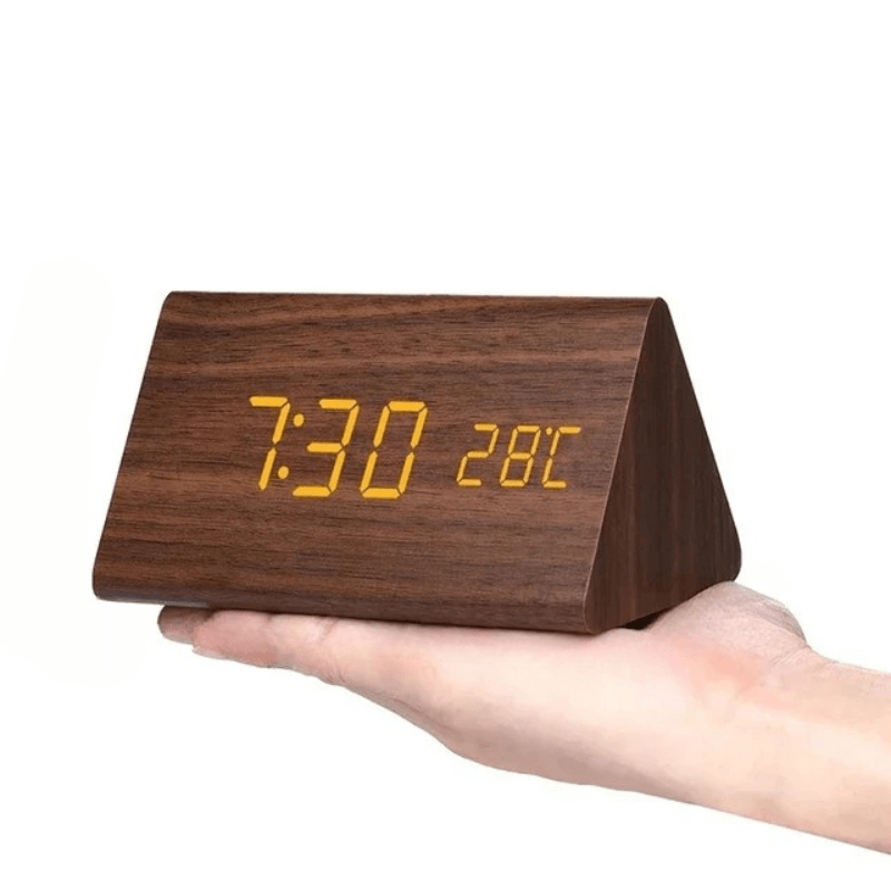 Wood Look LED Alarm Clock with Voice Activation and Temperature Display