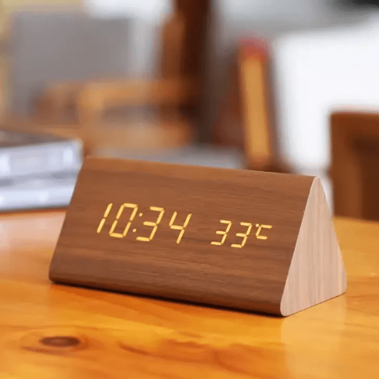 Wood Look LED Alarm Clock with Voice Activation and Temperature Display