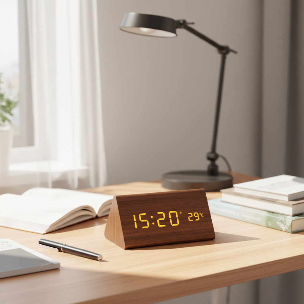 Wood Look LED Alarm Clock with Voice Activation and Temperature Display