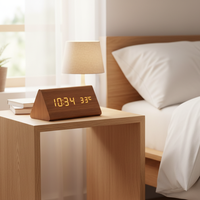 Wood Look LED Alarm Clock with Voice Activation and Temperature Display