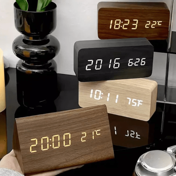 Wood Look LED Alarm Clock with Voice Activation and Temperature Display