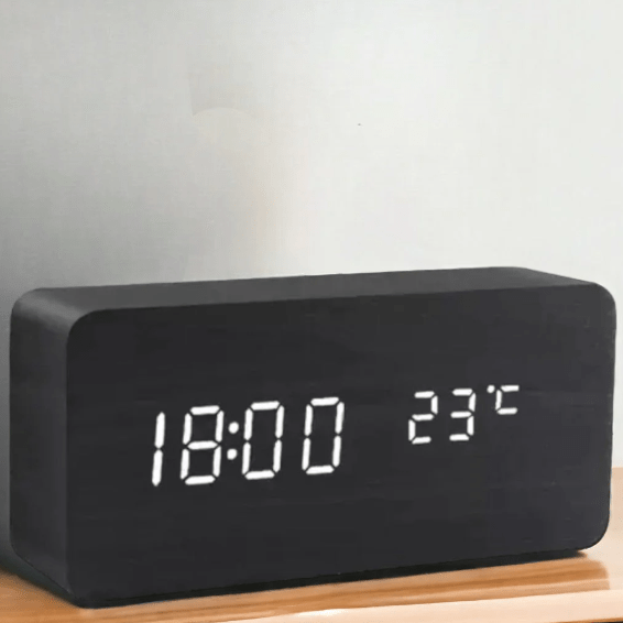 Wood Look LED Alarm Clock with Voice Activation and Temperature Display