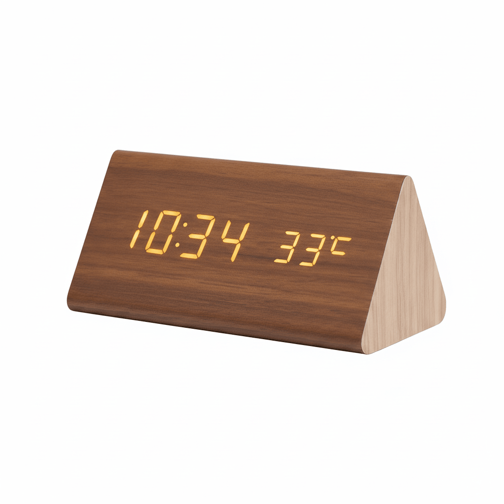 Wood Look LED Alarm Clock with Voice Activation and Temperature Display