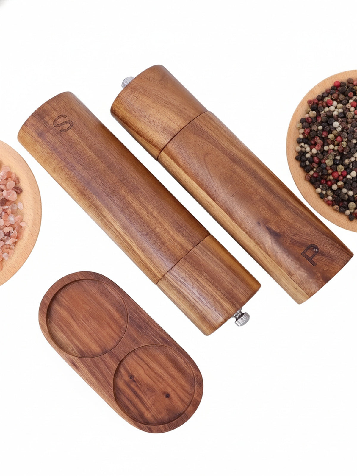 Wooden Salt and Pepper Mill Set with Tray, Cleaning Brush and Spoon