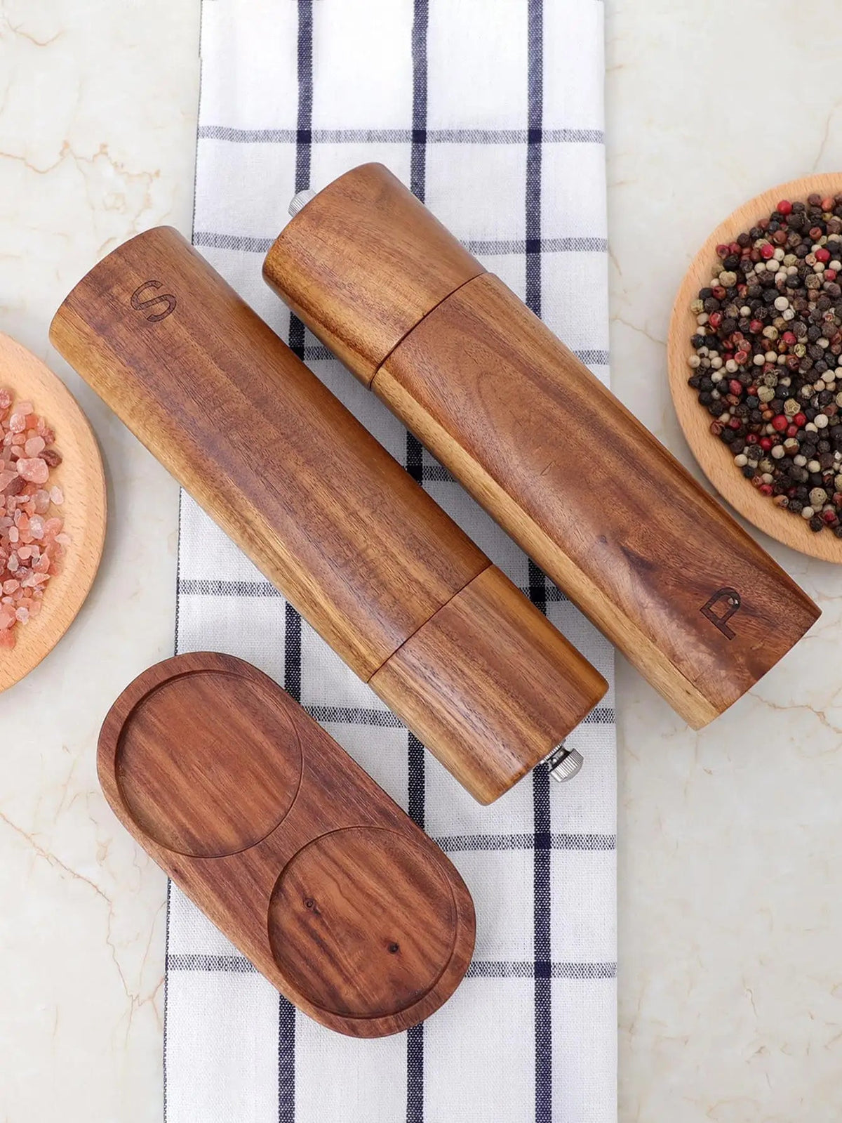 Wooden Salt and Pepper Mill Set with Tray, Cleaning Brush and Spoon