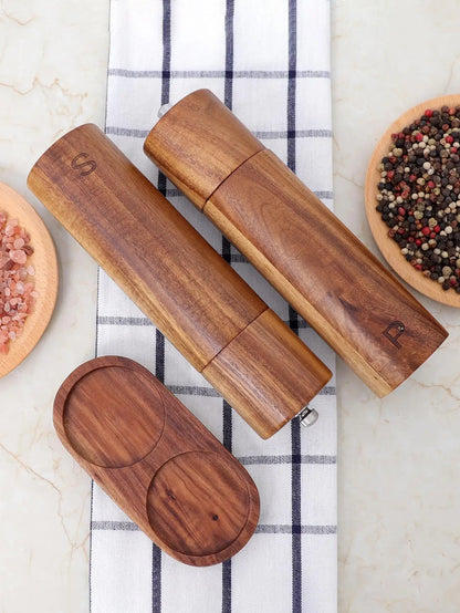 Wooden Salt and Pepper Mill Set with Tray, Cleaning Brush and Spoon